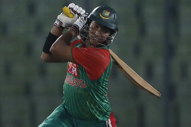 Bangladesh’s Soumya Sarkar plays a shot during the second one-day international cricket match against South Africa in Dhaka, Bangladesh, Sunday, July 12, 2015. (AP Photo/ A.M. Ahad)