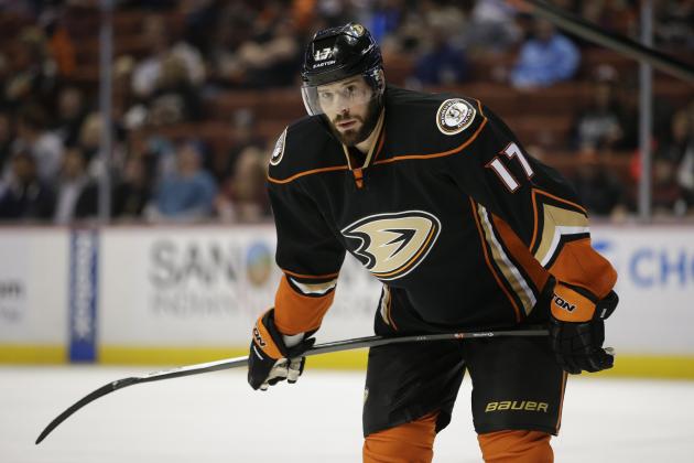 Anaheim Ducks' Ryan Kesler watches during the first period of an NHL hockey game against the Calgary Flames, Wednesday, Jan. 21, 2015, in Anaheim, Calif. (AP Photo/Jae C. Hong)