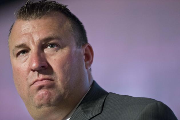 Arkansas coach Bret Bielema speaks to the media at the Southeastern Conference NCAA college football media days, Wednesday, July 15, 2015, in Hoover, Ala. (AP Photo/Brynn Anderson)
