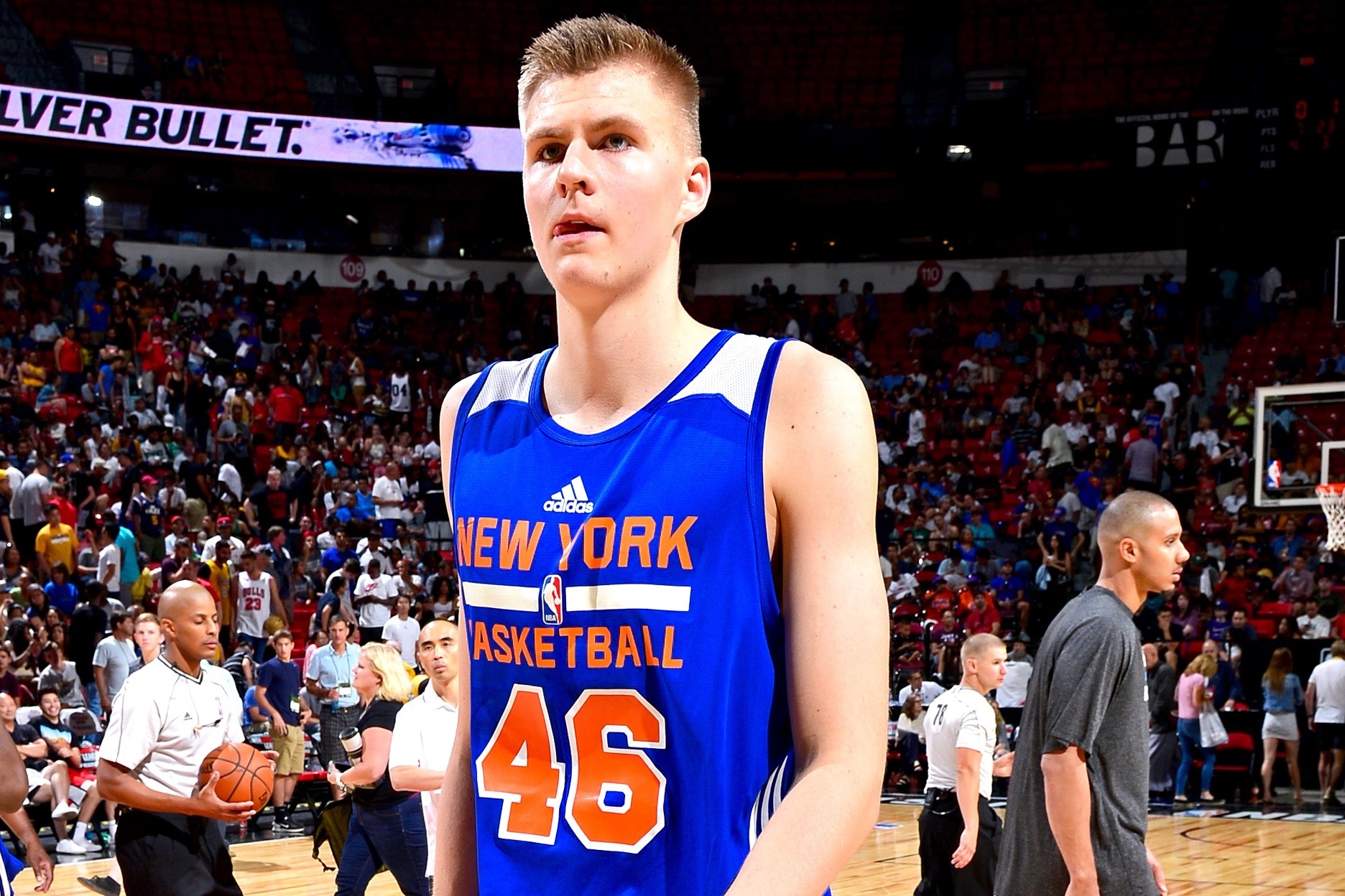 Kristaps Porzingis - New York Knicks - Game-Worn Jersey - Kia NBA Tip-Off  '15 - NBA Debut - First Half Only