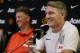 Manchester United manager Louis van Gaal, left, looks on as new signing Bastian Schweinsteiger speaks during a press conference, Wednesday, July 15, 2015, in Bellevue, Wash. Manchester United is in Seattle for an international friendly soccer match against Mexico's Club America to be played on Friday. (AP Photo/Ted S. Warren)