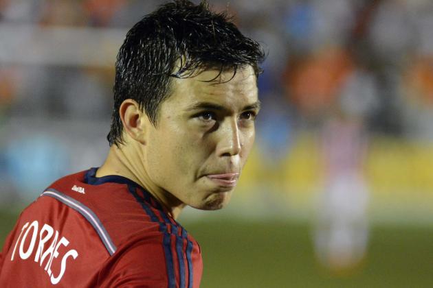 Jun 14, 2014; Cary, NC, USA; Chivas USA forward Erick Torres (9) reacts during overtime of the US Open Cup fourth round against the Carolina Railhawks at WakeMed Soccer Park. The Carolina Railhawks advanced 1-1 (3-2 on penalties) Mandatory Credit: Rob Kinnan-USA TODAY Sports