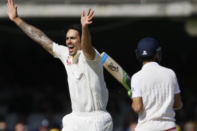 Australia's Mitchell Johnson appeals on the fourth day of the second Ashes Test match between England and Australia, at Lord's cricket ground in London, Sunday, July 19, 2015. (AP Photo/Kirsty Wigglesworth)