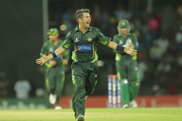 Pakistani bowler Yasir Shah celebrates taking the wicket of Sri Lanka's Kusal Janith Perera during their third one day international cricket match in Colombo, Sri Lanka, Sunday, July 19, 2015. (AP Photo/Eranga Jayawardena)