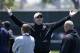 San Francisco 49ers offensive coordinator Geep Chryst, center, gestures at a football rookie minicamp at an NFL facility in Santa Clara, Calif., Friday, May 15, 2015. (AP Photo/Jeff Chiu)