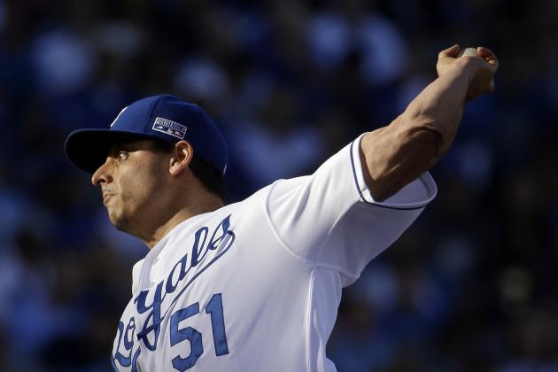 Kansas City Royals starting pitcher Jason Vargas throws during the fifth inning of Game 4 of the American League baseball championship series against the Baltimore Orioles Wednesday, Oct. 15, 2014, in Kansas City, Mo. (AP Photo/Charlie Riedel)