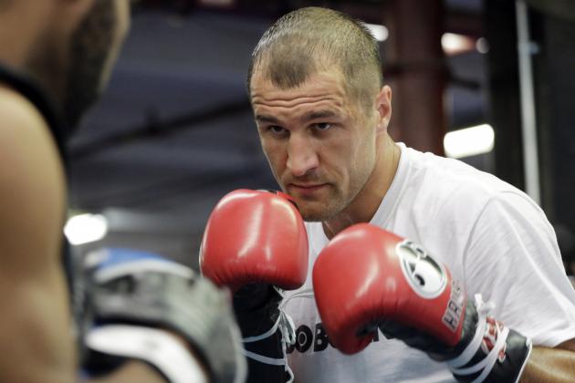 Boxer Sergey Kovalev spars with a partner during a workout at Gleason's Gym, Tuesday, Nov. 4, 2014 in the Brooklyn borough of New York. Kovalev fights Bernard Hopkins in a light heavyweight bout, Saturday, Nov. 8 in Atlantic City, N.J. (AP Photo/Mark Lennihan)