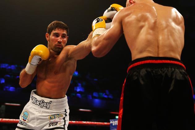 LONDON, ENGLAND - APRIL 12: Frank Buglioni (L) and Sergey Khomitsky in action during their WBO European Super-Middleweight Championship bout at The Copper Box on April 12, 2014 in London, England.  (Photo by Harry Engels/Getty Images)