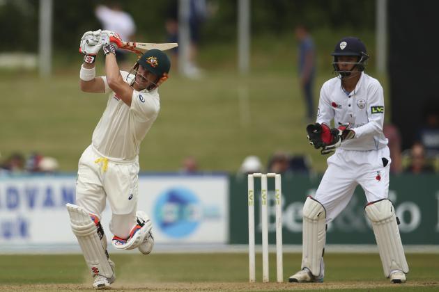 DERBY, ENGLAND - JULY 23: David Warner of Australia bats as Harvey Hosein of Derbyshire keeps wicket during day one of the Tour Match between Derbyshire and Australia at The 3aaa County Ground on July 23, 2015 in Derby, England. (Photo by Ryan Pierse/Getty Images)