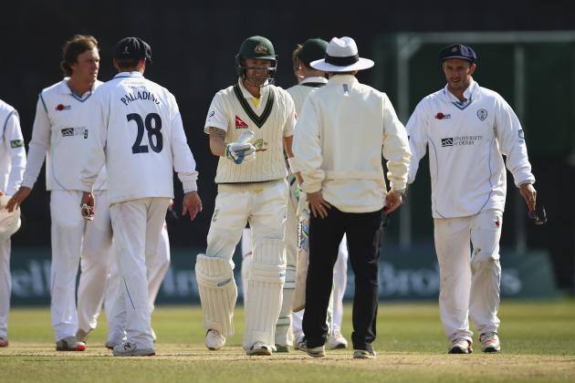 DERBY, ENGLAND - JULY 25: Michael Clarke of Australia shakes hands with the umpire as the match is drawn during day three of the Tour Match between Derbyshire and Australia at The 3aaa County Ground on July 25, 2015 in Derby, England.  (Photo by Ryan Pierse/Getty Images)