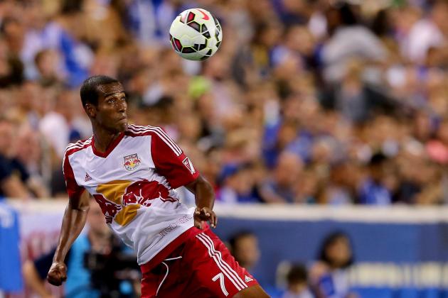 HARRISON, NJ - JULY 22:  Roy Miller #7 of New York Red Bulls tries to keep the ball in play in the second half against Chelsea during the International Champions Cup at Red Bull Arena on July 22, 2015 in Harrison, New Jersey.The New York Red Bulls defeated Chelsea 4-2.  (Photo by Elsa/Getty Images)