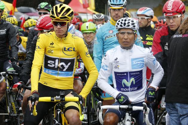 PARIS, FRANCE - JULY 26: Chris Froome of Great Britain and Team Sky and Nairo Quintana of Colombia and Movistar Team get ready for stage twenty one of the 2015 Tour de France, a 109.5 km stage from Sevres to the Champs Elysees Avenue in Paris on July 26, 2015 in Paris, France. (Photo by Jean Catuffe/Getty Images)