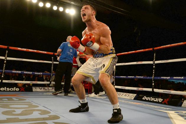 HULL, ENGLAND - MARCH 07: Tommy Coyle celebrates beating Martin Gethin after their Lightweight contest at The Hull Arena on March 7, 2015 in Hull, England. (Photo by Nigel Roddis/Getty Images)