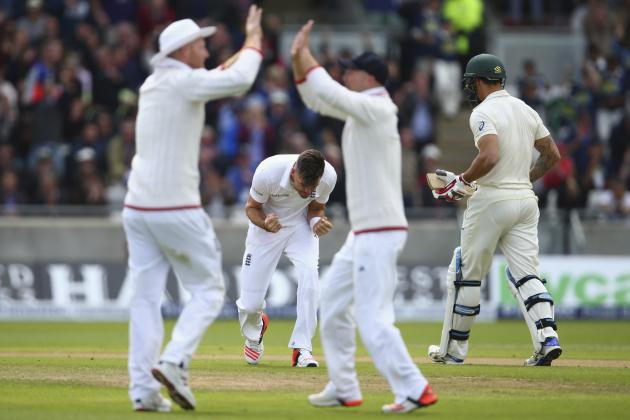 BIRMINGHAM, ENGLAND - JULY 29:  James Anderson of England celebrates after taking the wicket of Mitchell Johnson of Australia during day one of the 3rd Investec Ashes Test match between England and Australia at Edgbaston on July 29, 2015 in Birmingham, United Kingdom.  (Photo by Ryan Pierse/Getty Images)