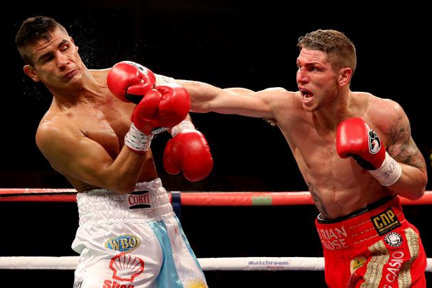 SHEFFIELD, ENGLAND - OCTOBER 26: Brian Rose (R) in action with Javier Maciel during their Final Eliminator for WBO World Light Middleweight Championship bout at Motorpoint Arena on October 26, 2013 in Sheffield, England. (Photo by Scott Heavey/Getty Images)