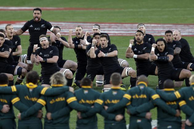 New Zealand rugby team perform a haka  as the South Africa's team watches during their Rugby Championship test match at Ellis Park stadium in Johannesburg, South Africa, Saturday, July 25, 2015.  (AP Photo/Themba Hadebe)