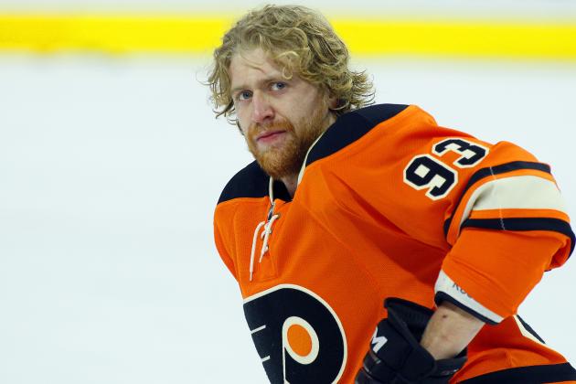 Philadelphia Flyers' Jakub Voracek during warm-ups before the start of an NHL hockey game against the Toronto Maple Leafs, Saturday, Jan. 31, 2015, in Philadelphia.  (AP Photo/Tom Mihalek)