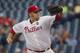 Philadelphia Phillies starting pitcher Aaron Harang throws in the first inning of a baseball game against the Atlanta Braves, Thursday, July 30, 2015, in Philadelphia. (AP Photo/Laurence Kesterson)