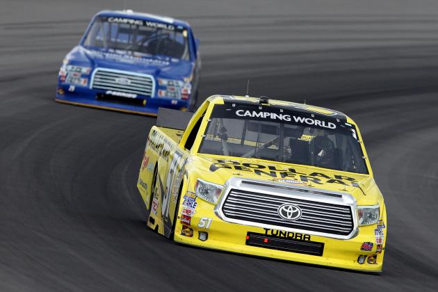 LONG POND, PA - AUGUST 01: Kyle Busch, driver of the #51 Dollar General Toyota, races during the NASCAR Camping World Truck Series Pocono Mountains 150 at Pocono Raceway on August 1, 2015 in Long Pond, Pennsylvania. (Photo by Tim Bradbury/Getty Images)