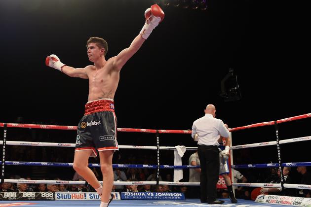 BIRMINGHAM, ENGLAND - MAY 09: Luke Campbell (Black Short) celebrates his victory over Aboubeker Bechelaghem during the Lightweight Contest during Resurrection Fight Night at Barclaycard Arena on May 9, 2015 in Birmingham, England. (Photo by Christopher Lee/Getty Images)