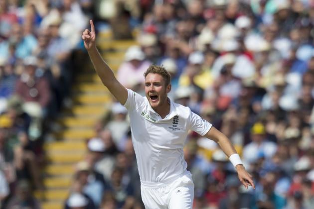 England's Stuart Broad celebrates taking the wicket of Australia's Chris Rogers LBW for 6 on the second day of the third Test match of the five match series between England and Australia at Edgbaston cricket ground in Birmingham, England, Thursday, July 30, 2015. (AP Photo/Jon Super)