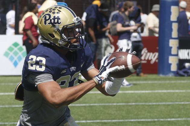 Pittsburgh wide receiver Tyler Boyd (23) during warmup before the Blue Gold Spring NCAA football game, Saturday, April 18, 2015 in Pittsburgh. (AP Photo/Keith Srakocic)