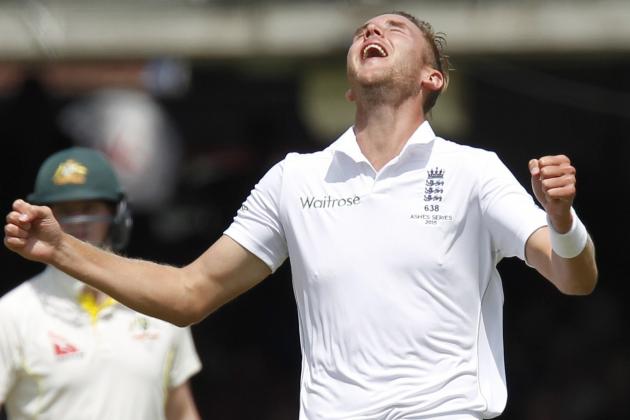 Englands Stuart Broad celebrates taking the wicket of Australias Adam Voges for 25 runs on the second day of the second Ashes cricket test match between England and Australia at Lord's cricket ground in London, on July 17, 2015. AFP PHOTO / IAN KINGTON

RESTRICTED TO EDITORIAL USE. NO ASSOCIATION WITH DIRECT COMPETITOR OF SPONSOR, PARTNER, OR SUPPLIER OF THE ECB        (Photo credit should read IAN KINGTON/AFP/Getty Images)