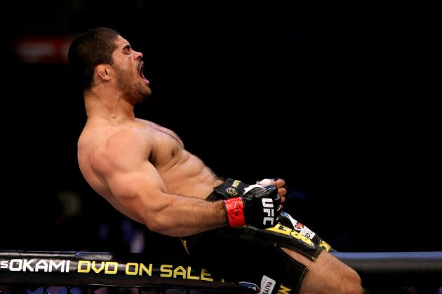 RIO DE JANEIRO, BRAZIL - JANUARY 14: Rousimar Palhares celebrates after defeating Mike Massenzio in a middleweight bout during UFC 142 at HSBC Arena on January 14, 2012 in Rio de Janeiro, Brazil. (Photo by Josh Hedges/Zuffa LLC/Zuffa LLC via Getty Images)