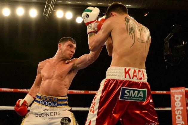 HULL, ENGLAND - MARCH 07:  Tommy Coyle (L) in action against Martin Gethin during their Lightweight contest at The Hull Arena on March 7, 2015 in Hull, England.  (Photo by Nigel Roddis/Getty Images)