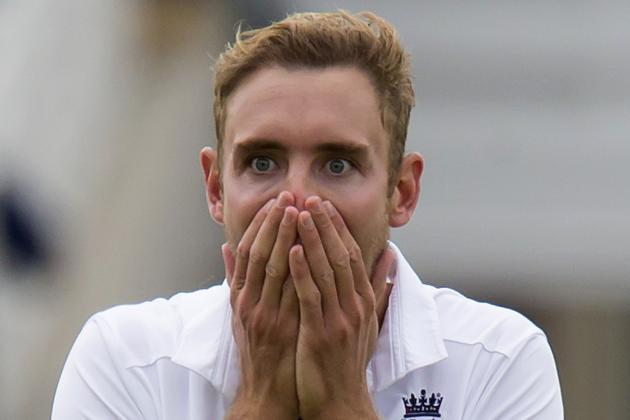 England's Stuart Broad reacts after a catch by teammate Ben Stokes dismissed Australia's Adam Voges for 1 on the first day of the fourth Ashes test cricket match between England and Australia at Trent Bridge cricket ground in Nottingham, England, Thursday, Aug. 6, 2015. (AP Photo/Jon Super)