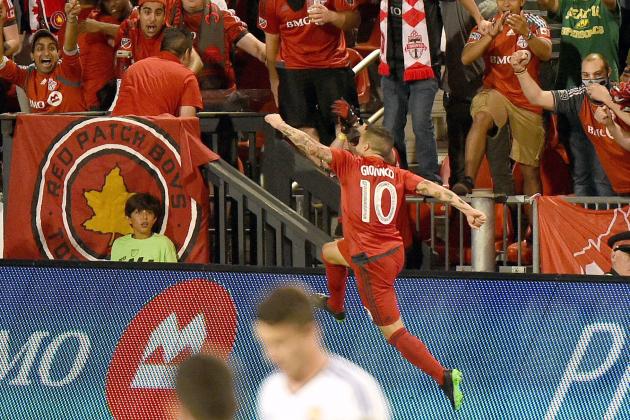 Aug 5, 2015; Toronto, Ontario, CAN; Toronto FC forward Sebastian Giovinco (10) leaps in celebration after scoring against Orlando FC in the second half of a 4-1 win at BMO Field. Mandatory Credit: Dan Hamilton-USA TODAY Sports