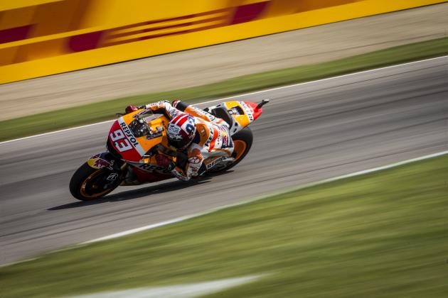 INDIANAPOLIS, IN - AUGUST 08:  Marc Marquez # 93 of Spain and Repsol Honda Team rides during the MotoGP Free Practice 3 at Indianapolis Motor Speedway on August 08, 2015 in Indianapolis, Indiana. (Photo by Christian Pondella/Getty Images)