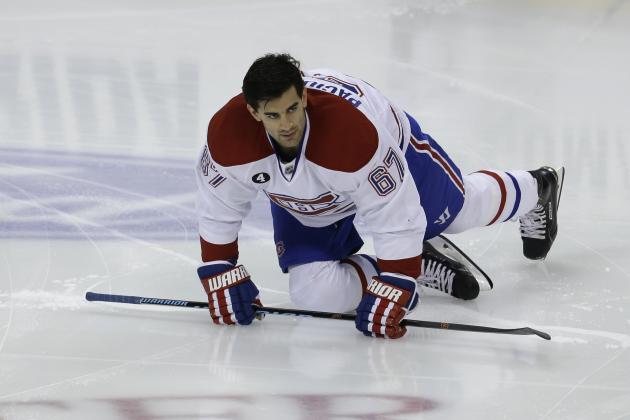 Montreal Canadiens' Max Pacioretty (67) stretches before an NHL hockey game against the Florida Panthers, Tuesday, March 17, 2015,  in Sunrise, Fla. (AP Photo/Lynne Sladky)