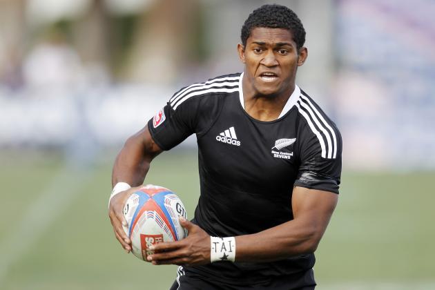 New Zealand's Waisake Naholo carries the ball during a USA Sevens rugby match against Samoa on Sunday, Feb. 12, 2012, in Las Vegas. (AP Photo/Isaac Brekken)