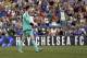 Chelsea's Thibaut Courtois celebrates after scoring on the winning penalty kick Paris Saint-Germain after the second half of an International Champions Cup soccer match in Charlotte, N.C., Saturday, July 25, 2015. Chelsea won 2-1 on penalty kicks. (AP Photo/Chuck Burton)