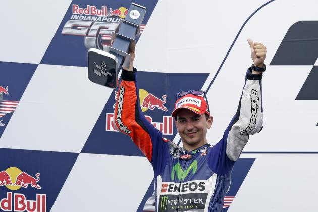 Jorge Lorenzo, of Spain, celebrates after finishing in second place in the Indianapolis Grand Prix at Indianapolis Motor Speedway in Indianapolis, Sunday, Aug. 9, 2015. (AP Photo/Michael Conroy)