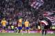 FC Barcelona's Lionel Messi of Argentina, second from left, laments after Athletic Bilbao scored a goal during their Spanish Super Cup soccer match first leg at San Mames stadium in Bilbao, northern Spain, Friday, Aug. 14, 2015. FC Barcelona lost the match 4-0. (AP Photo/Alvaro Barrientos)