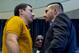 Middleweight boxers Gennady Golovkin, left, of Kazakhstan, and David Lemieux, of Canada, pose together during a news conference Tuesday, Aug. 18, 2015, in New York, to promote their middleweight world championship title unification bout set for Saturday, Oct. 17, 2015, at Madison Square Garden. At rear center is boxer Bernard Hopkins. (AP Photo/Craig Ruttle)