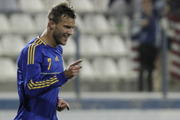 Andriy Yarmolenko of Ukraine celebrates his goal against U.S. during an international friendly match at Antonis Papadopoulos stadium in southern city of Larnaca, Cyprus, Wednesday, March 5, 2014. The Ukrainians are facing the United States in a friendly in Cyprus, a match moved from Kharkiv, Ukraine, to Larnaca for security reasons. (AP Photo/Petros Karadjias)