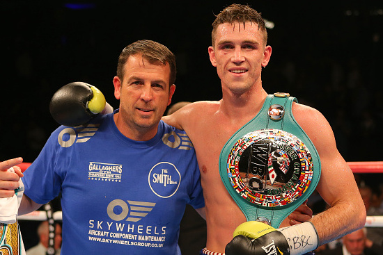 LIVERPOOL, ENGLAND - JUNE 26: Callum Smith with trainer Joe Gallagher after beating Christopher Rebrasse during their WBC Silver Super Middleweight Championship contest at the Echo Arena on June 26, 2015 in Liverpool, England. (Photo by Dave Thompson/Getty Images)
