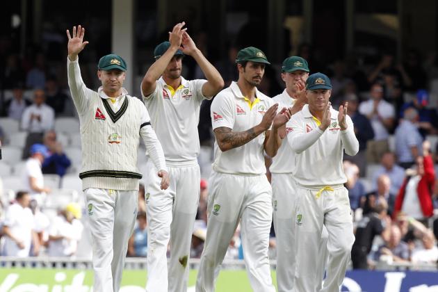 Australias captain Michael Clarke (L) waves to the supporters after the final wicket is taken as Australia wrap up the game on the fourth day of the fifth Ashes cricket test match between England and Australia at The Oval cricket ground in London, on August 23, 2015. Australia beat England by an innings and 46 runs to win the fifth and final Ashes Test on the fourth day at The Oval on Sunday. AFP PHOTO / IAN KINGTON

RESTRICTED TO EDITORIAL USE. NO ASSOCIATION WITH DIRECT COMPETITOR OF SPONSOR, PARTNER, OR SUPPLIER OF THE ECB        (Photo credit should read IAN KINGTON/AFP/Getty Images)
