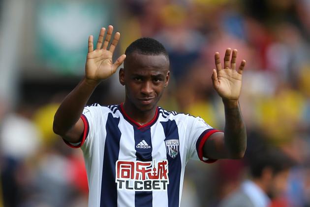 WATFORD, ENGLAND - AUGUST 15: Saido Berahino of West Bromwich Albion waves after the Barclays premier League match between Watford and West Bromwich Albion at Vicarage Road on August 15, 2015 in Watford, England. (Photo by Catherine Ivill - AMA/Getty Images)