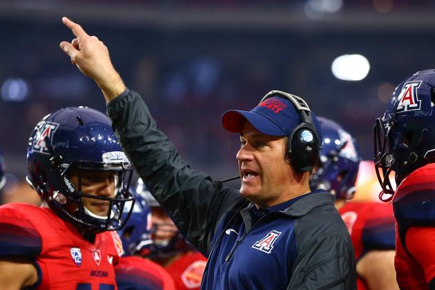 Dec 31, 2014; Glendale, AZ, USA; Arizona Wildcats head coach Rich Rodriguez reacts against the Boise State Broncos in the 2014 Fiesta Bowl at Phoenix Stadium. Mandatory Credit: Mark J. Rebilas-USA TODAY Sports