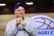New Los Angeles Clippers owner Steve Ballmer pauses for a moment after speaking at the Clippers Fan Festival on Monday, Aug. 18, 2014, in LA. (AP Photo/Jae C. Hong)