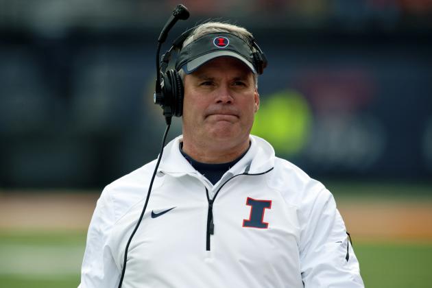 Illinois head coach Tim Beckman walks the sidelines during the first quarter of an NCAA football game against Penn State Saturday, Nov. 22, 2014, at Memorial Stadium in Champaign, Ill. (AP Photo/Bradley Leeb)