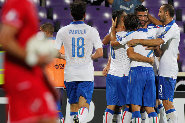 FLORENCE, ITALY - SEPTEMBER 03:  Graziano Pelle (C) with his teammates of Italy celebrates after scoring the opening goal during the UEFA EURO 2016 qualifier between Italy and Malta on September 3, 2015 in Florence, Italy.  (Photo by Paolo Bruno/Getty Images)