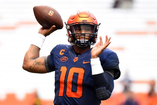Sep 4, 2015; Syracuse, NY, USA; Syracuse Orange quarterback Terrel Hunt (10) warms up prior to the game against the Rhode Island Rams at the Carrier Dome.  Mandatory Credit: Rich Barnes-USA TODAY Sports