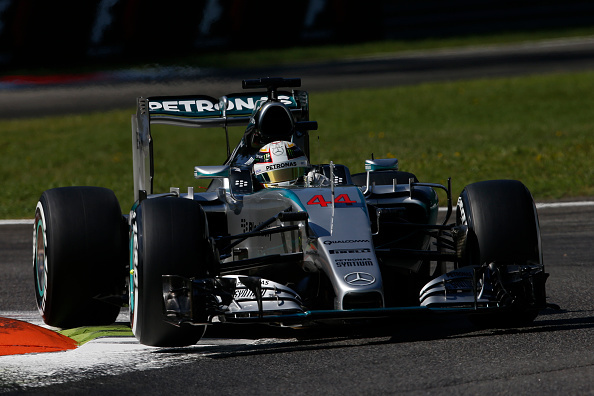 MONZA, ITALY - SEPTEMBER 05:  Lewis Hamilton of Great Britain and Mercedes GP drives during final practice for the Formula One Grand Prix of Italy at Autodromo di Monza on September 5, 2015 in Monza, Italy.  (Photo by Charles Coates/Getty Images)