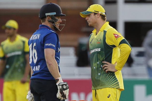 Englands captain Eoin Morgan (L) and Australias captain Steven Smith carry on with discussions after the final wicket is lost and Australia win the game by 64 runs after the second one day international (ODI) cricket match between England and Australia at Lord's cricket ground in London, on September 5, 2015.   AFP PHOTO / IAN KINGTON

RESTRICTED TO EDITORIAL USE. NO ASSOCIATION WITH DIRECT COMPETITOR OF SPONSOR, PARTNER, OR SUPPLIER OF THE ECB        (Photo credit should read IAN KINGTON/AFP/Getty Images)