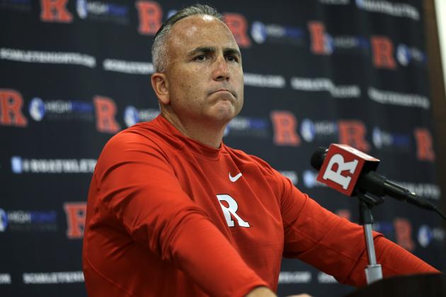 Rutgers head coach Kyle Flood listens to a question as he addresses the media after his team defeated Norfolk State, 63-13 in an NCAA college football game Saturday, Sept. 5, 2015, in Piscataway, N.J. Leonte Carroo caught three third-quarter touchdown passes after sitting out a first-half suspension and set a school record as Rutgers overcame the distractions of an academic investigation involving coach Kyle Flood and the dismissal of five arrested players.  (AP Photo/Mel Evans)